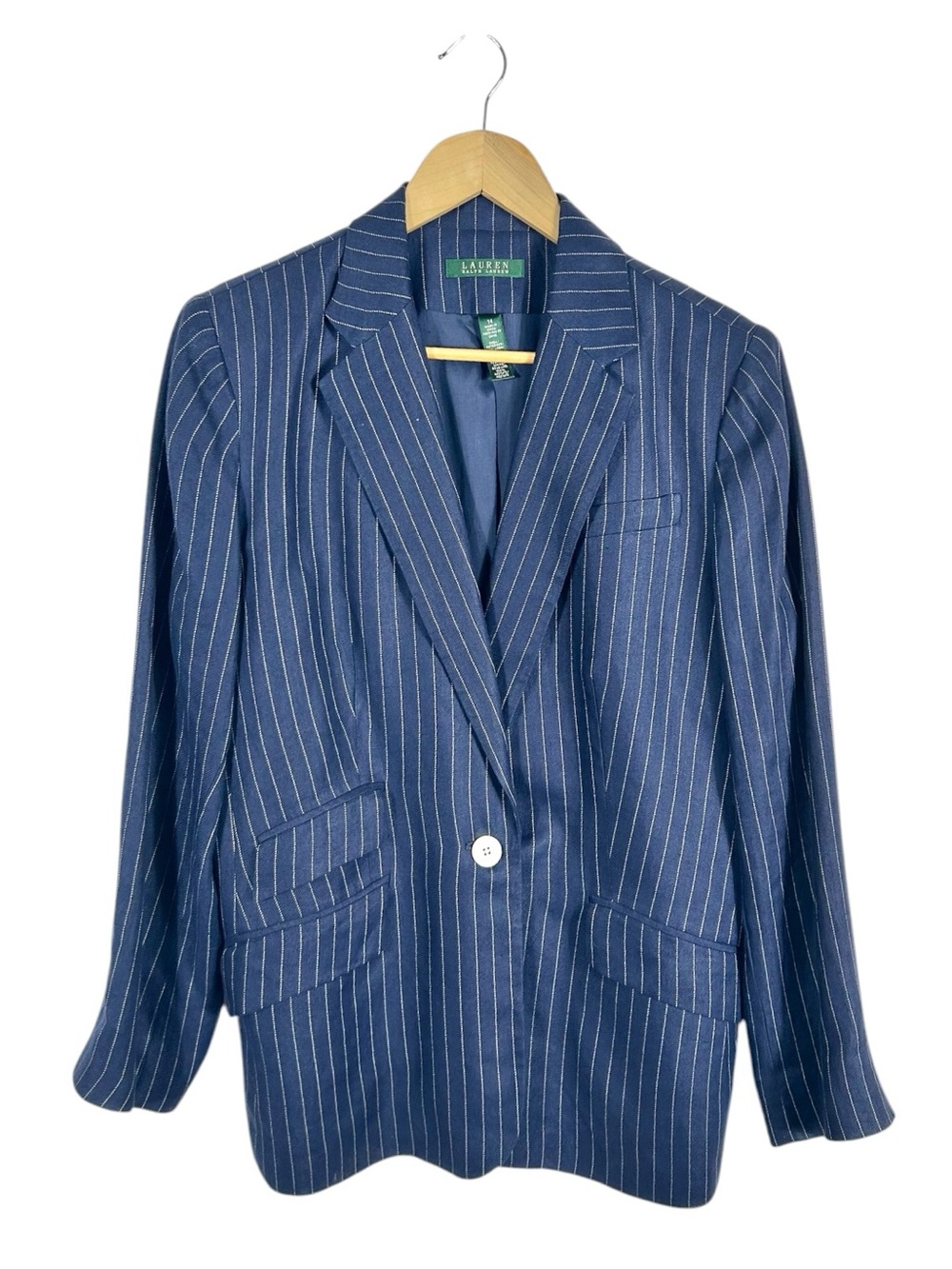 Lauren Ralph‎ Lauren Linen Blue Pinstripe Single-Button Blazer Size 14